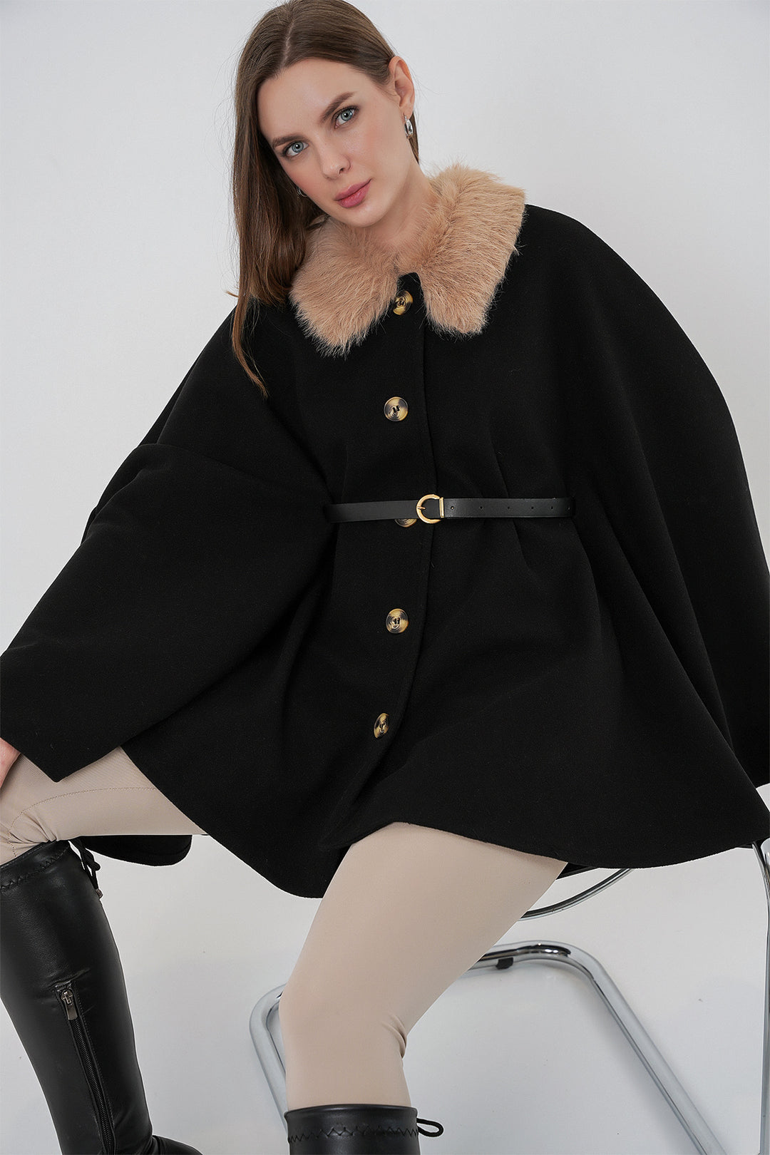 BGD Women Women's Belted Cape Coat 9165 - Black - Reggio di Calabria