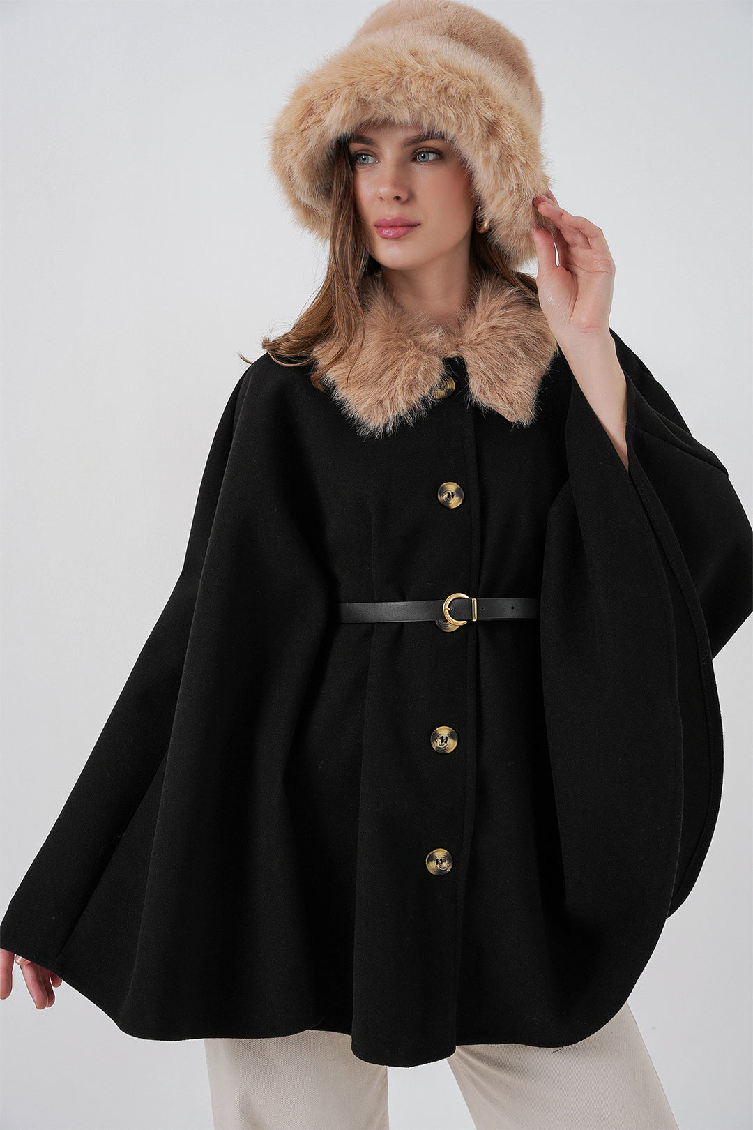 BGD Women Women's Belted Cape Coat 9165 - Black - Reggio di Calabria