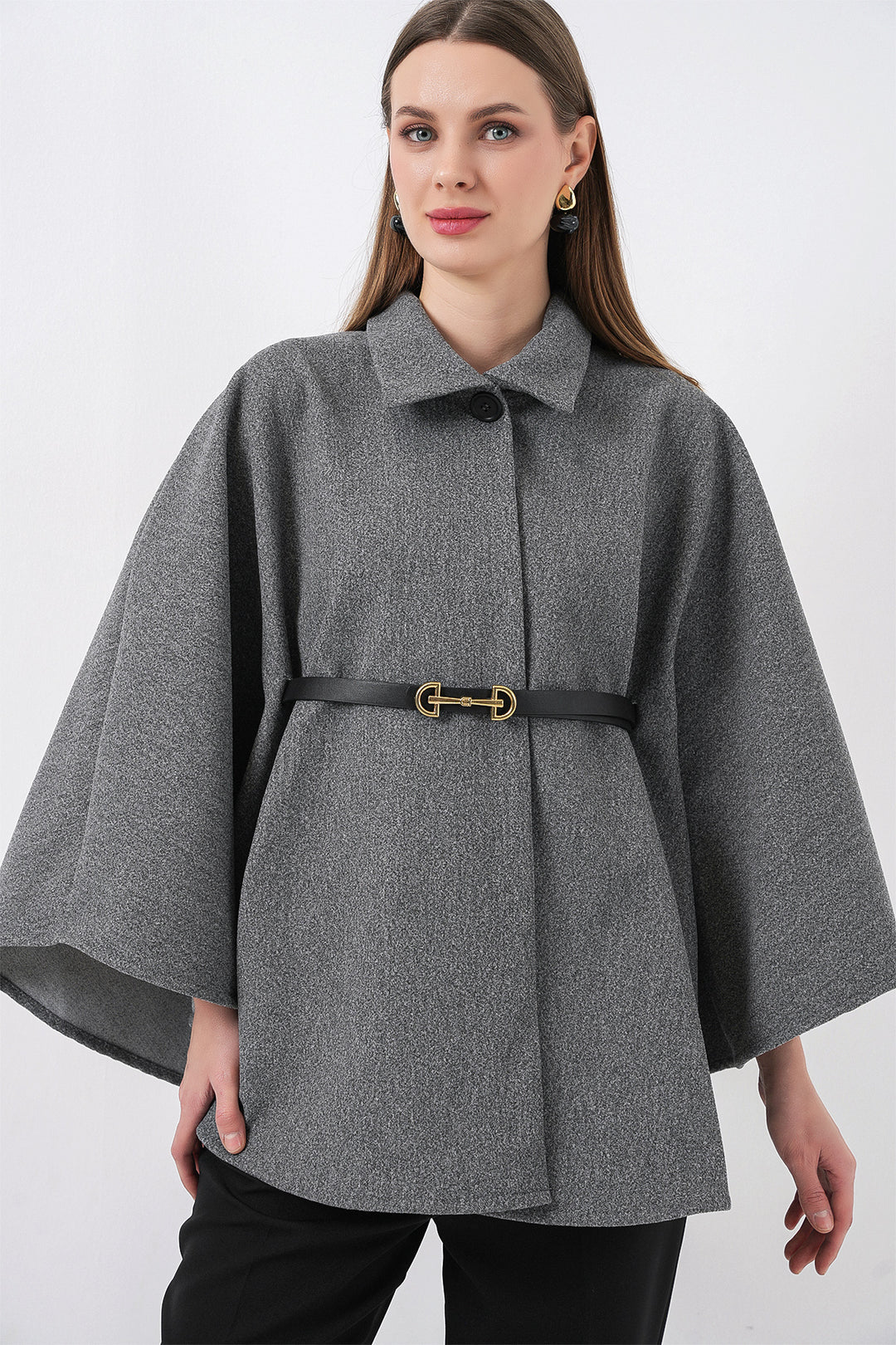 BGD Women Kadın Kemerli Kaşe Panço 9170 - A.Gri - Airdrie