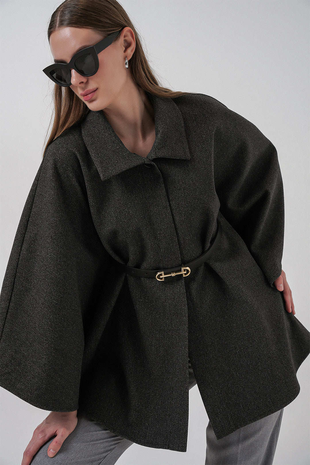 BGD Women Women's Belted Cape Coat 9170 - Anthracite - Finglas
