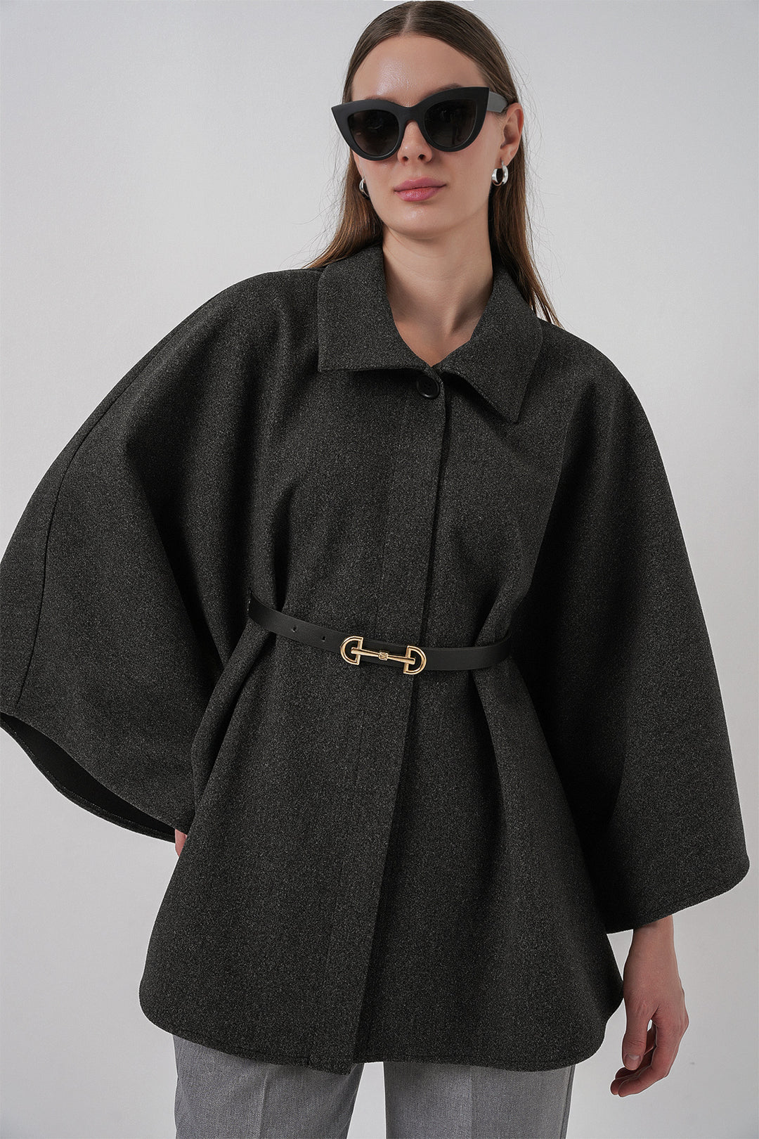 BGD Women Women's Belted Cape Coat 9170 - Anthracite - Finglas