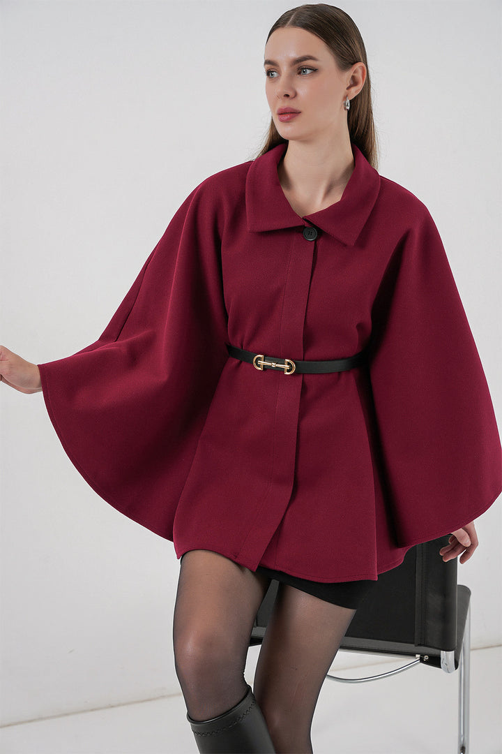 BGD Women Women's Belted Cape Coat 9170 - Burgundy - Catania