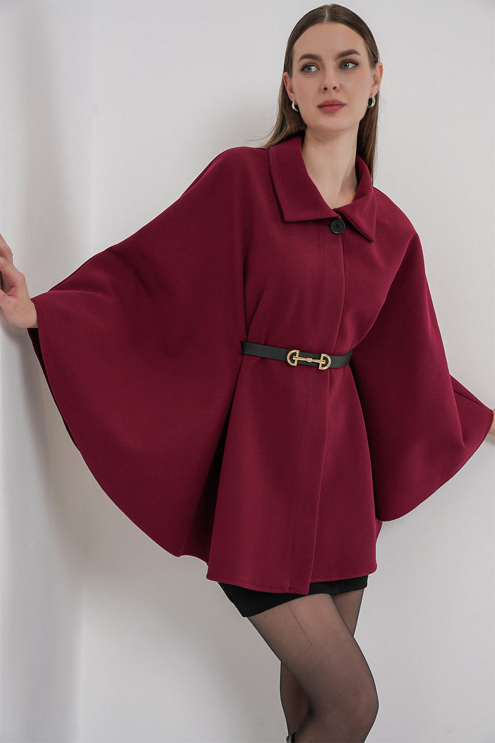 BGD Women Women's Belted Cape Coat 9170 - Burgundy - Catania