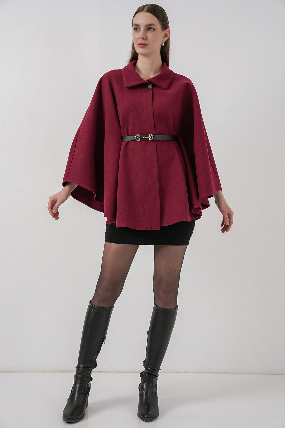 BGD Women Women's Belted Cape Coat 9170 - Burgundy - Catania