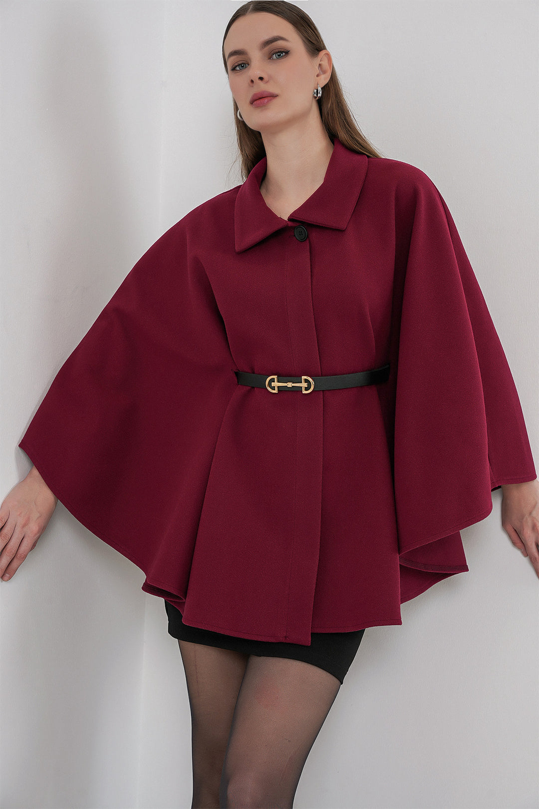 BGD Women Women's Belted Cape Coat 9170 - Burgundy - Catania