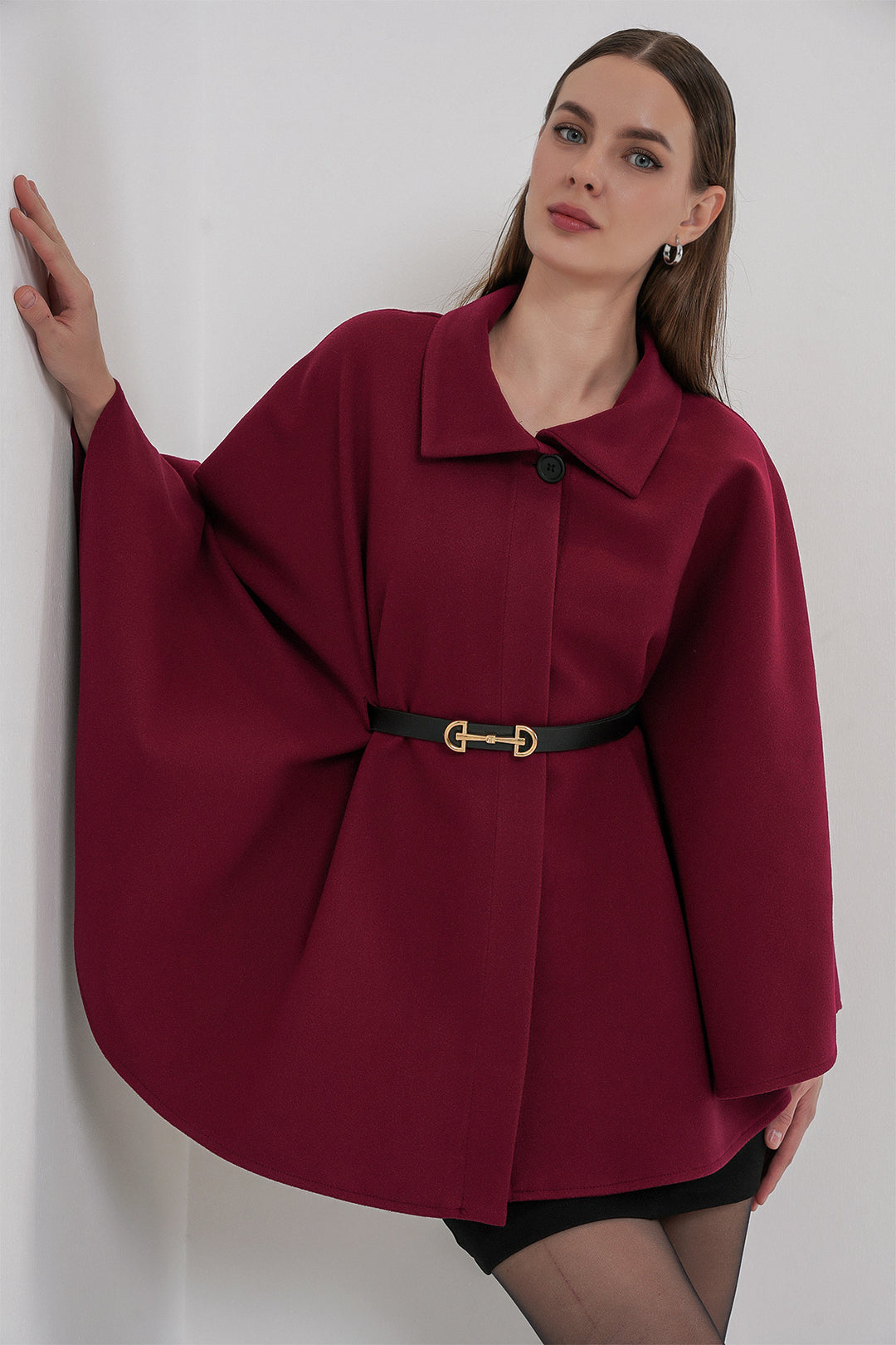 BGD Women Women's Belted Cape Coat 9170 - Burgundy - Catania