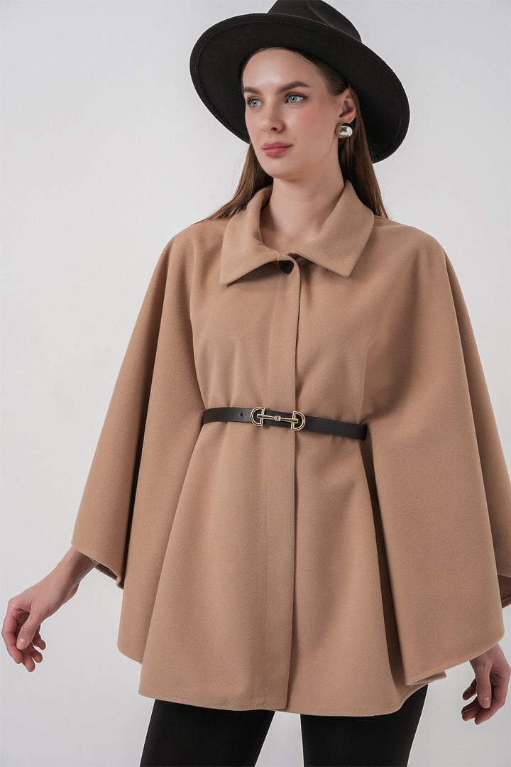 BGD Women Kadın Kemerli Kaşe Panço 9170 - Camel - Exeter