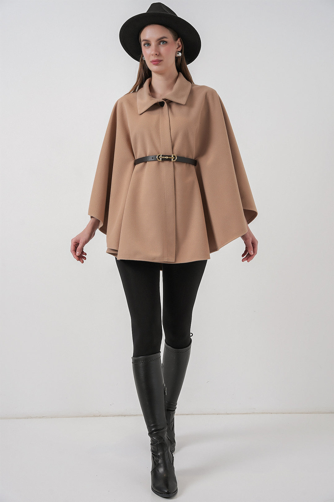 BGD Women Kadın Kemerli Kaşe Panço 9170 - Camel - Exeter