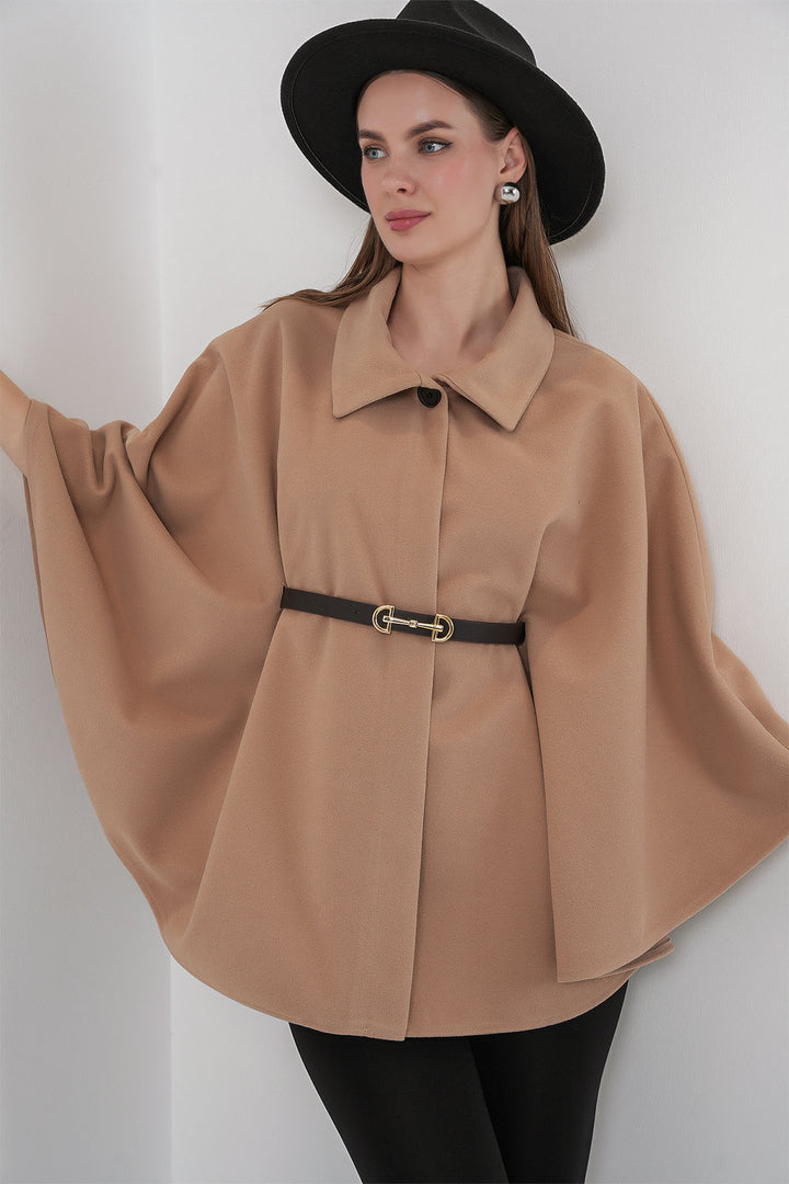 BGD Women Kadın Kemerli Kaşe Panço 9170 - Camel - Exeter