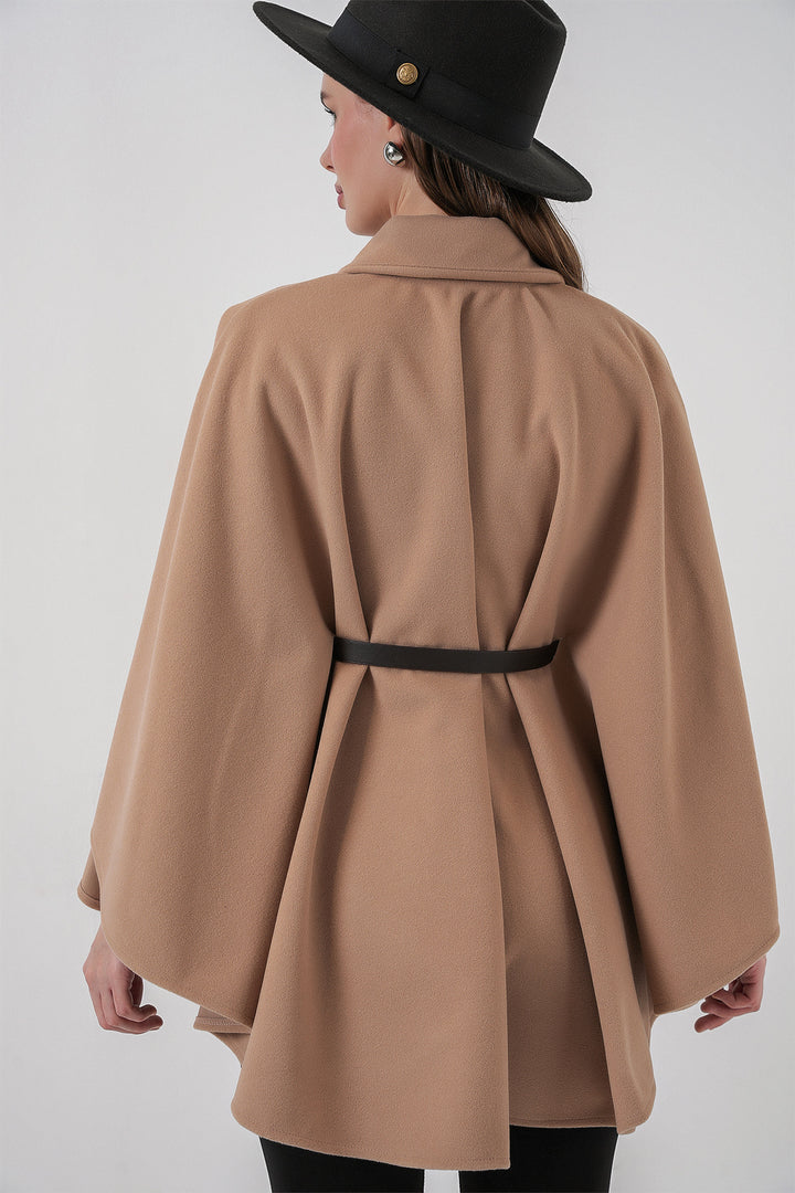 BGD Women Kadın Kemerli Kaşe Panço 9170 - Camel - Exeter