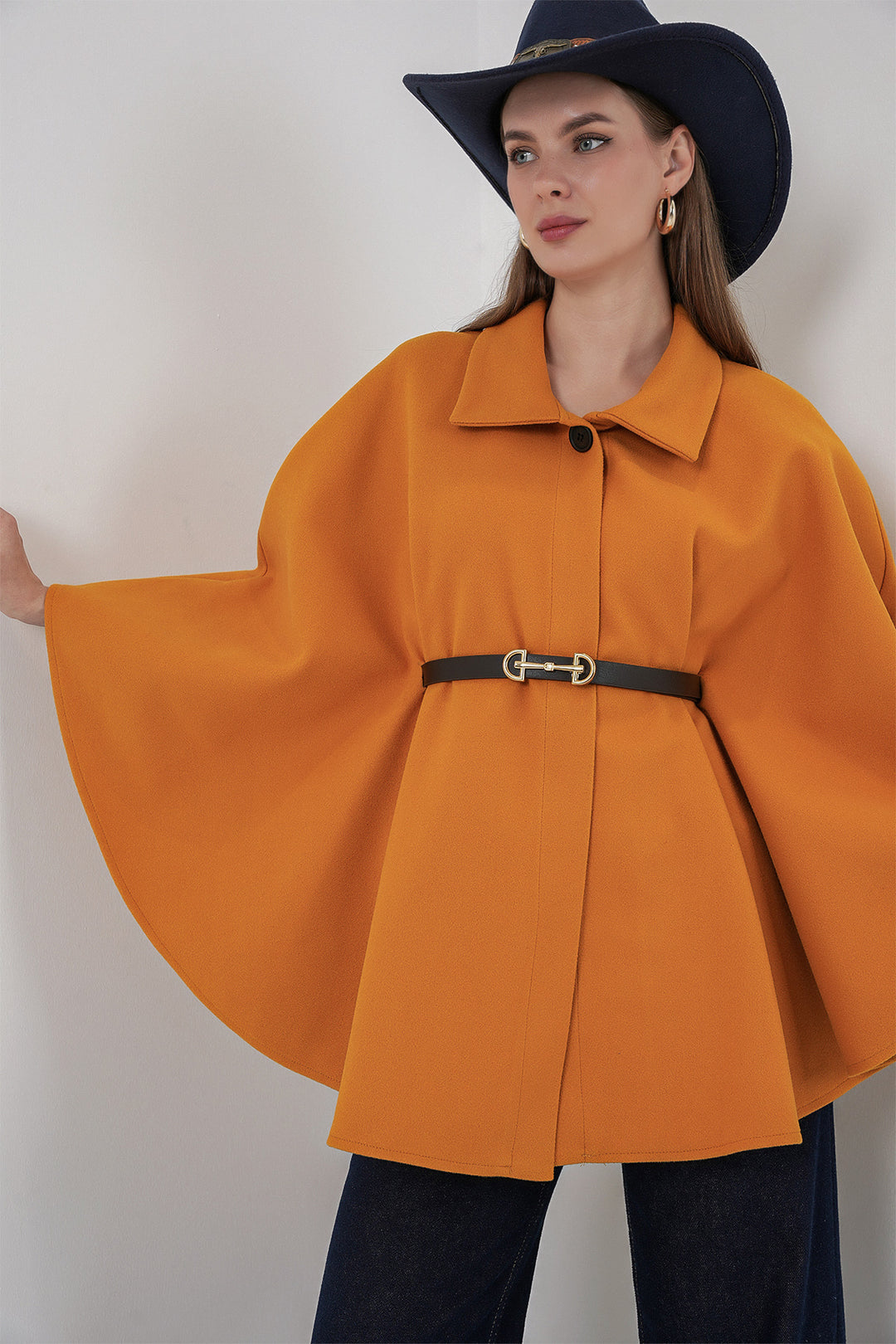 BGD Women Women's Belted Cape Coat 9170 - Mustard - Assen