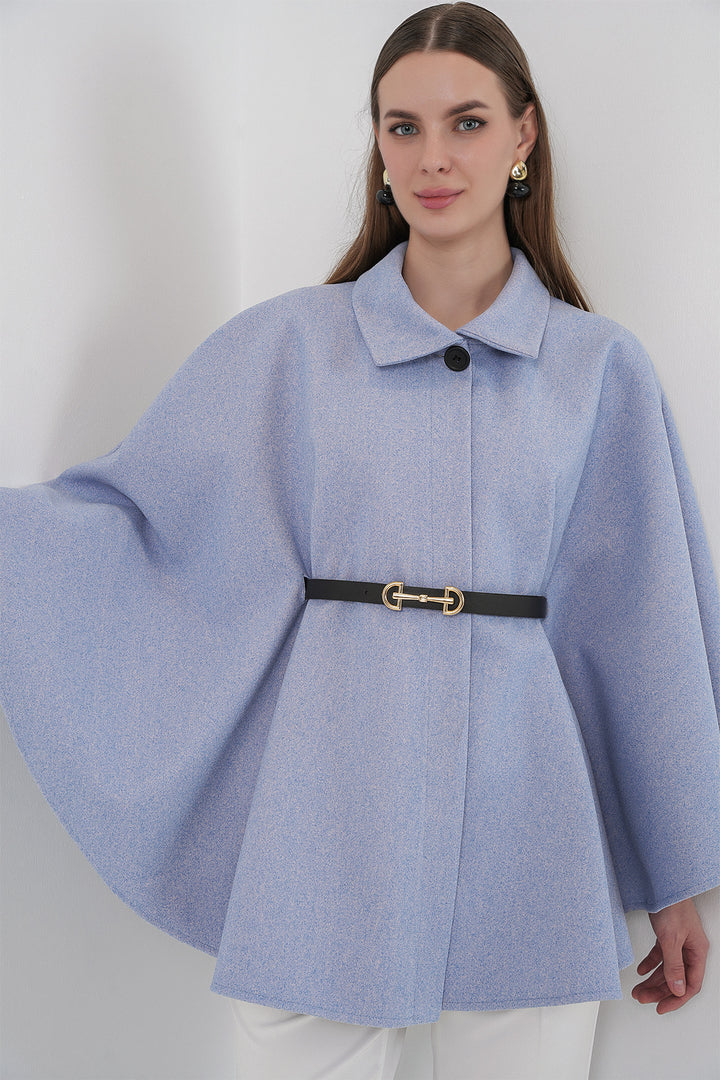 BGD Women Kadın Kemerli Kaşe Panço 9170 - Mavi - Tyler