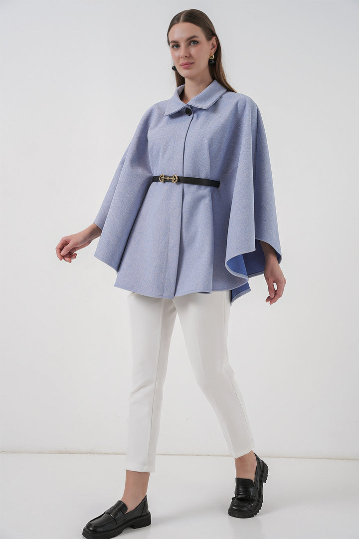 BGD Women Kadın Kemerli Kaşe Panço 9170 - Mavi - Tyler