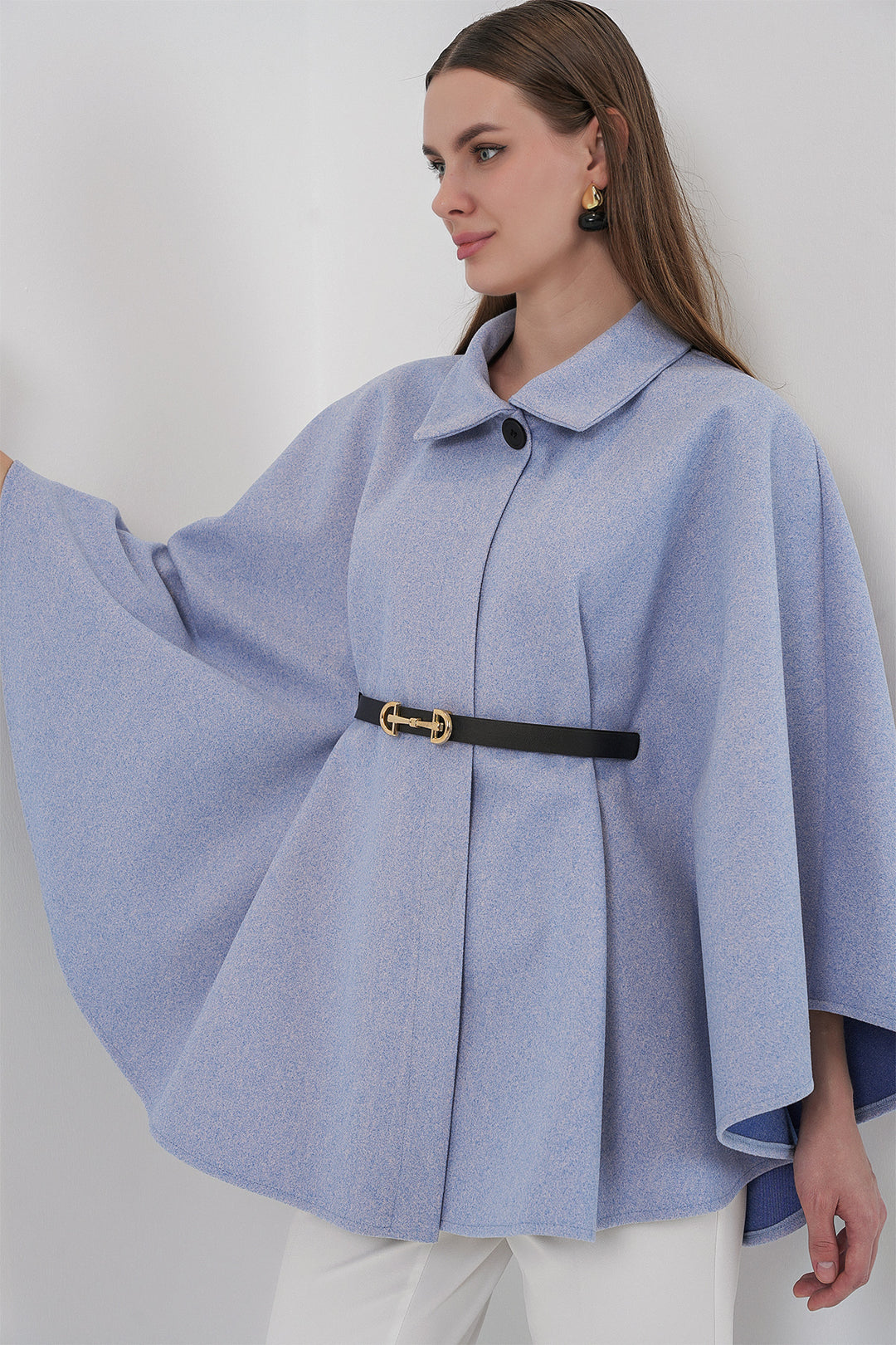 BGD Women Kadın Kemerli Kaşe Panço 9170 - Mavi - Tyler