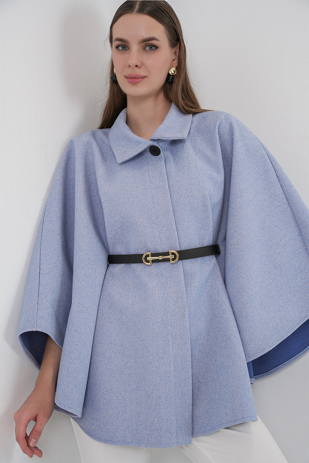 BGD Women Kadın Kemerli Kaşe Panço 9170 - Mavi - Tyler