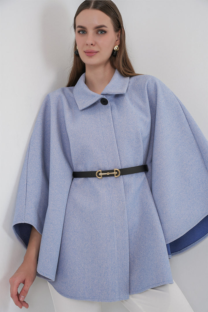 BGD Women Kadın Kemerli Kaşe Panço 9170 - Mavi - Tyler