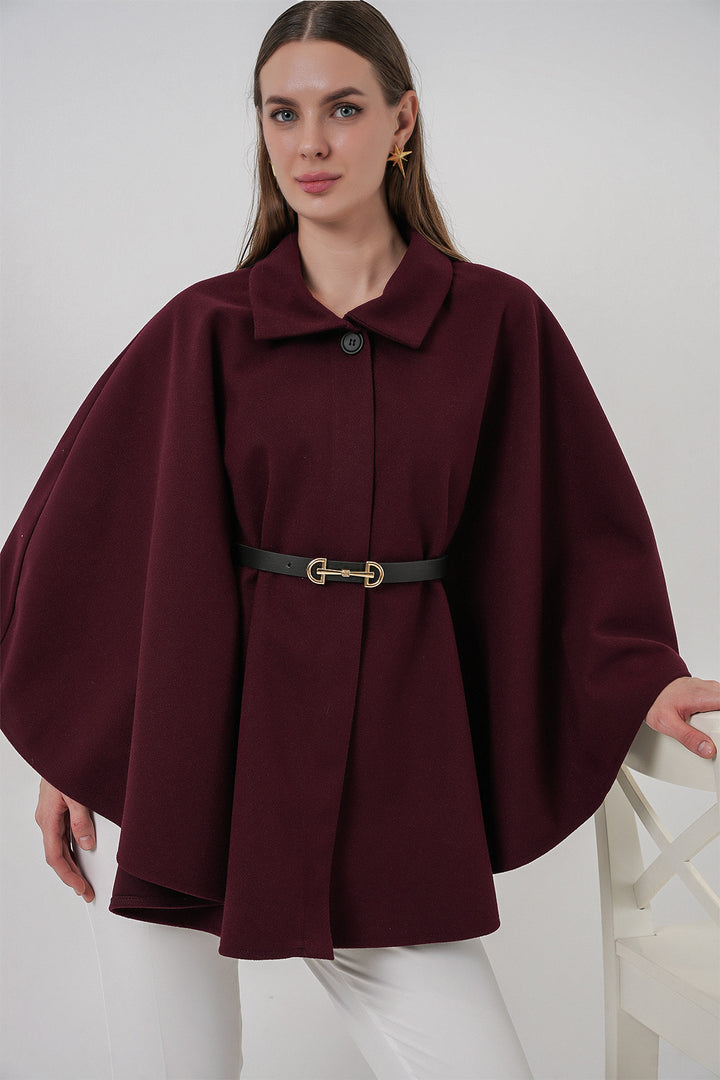 BGD Women Kadın Kemerli Kaşe Panço 9170 - Mürdüm - Halberstadt