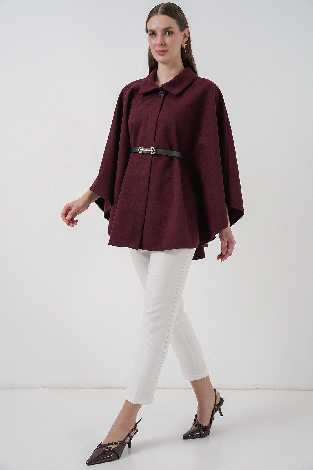 BGD Women Kadın Kemerli Kaşe Panço 9170 - Mürdüm - Halberstadt