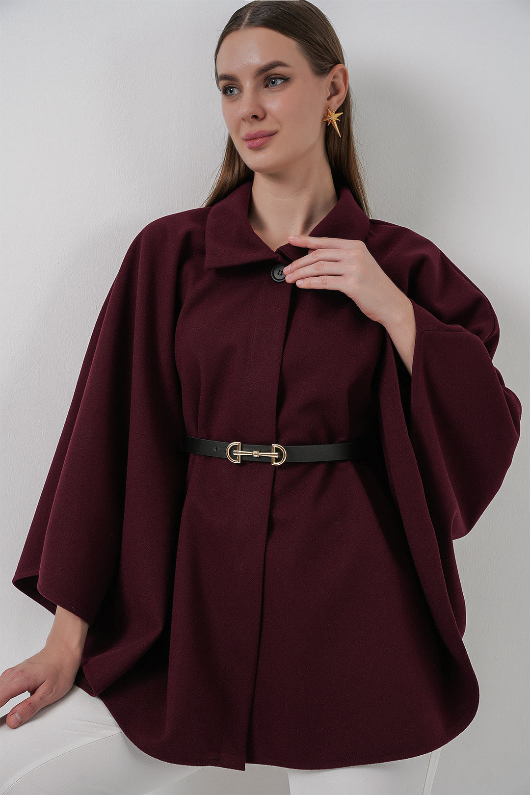 BGD Women Kadın Kemerli Kaşe Panço 9170 - Mürdüm - Halberstadt