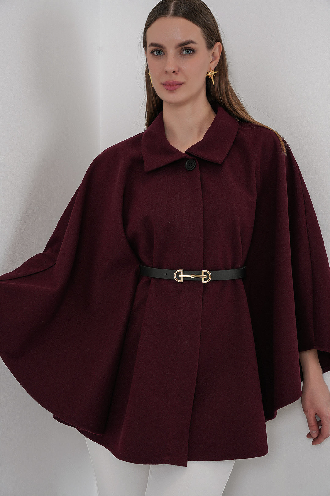 BGD Women Kadın Kemerli Kaşe Panço 9170 - Mürdüm - Halberstadt