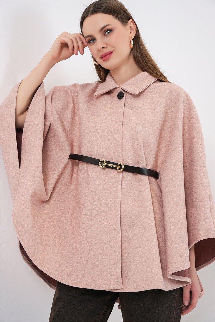 BGD Women Kadın Kemerli Kaşe Panço 9170 - Pudra - Manhattan