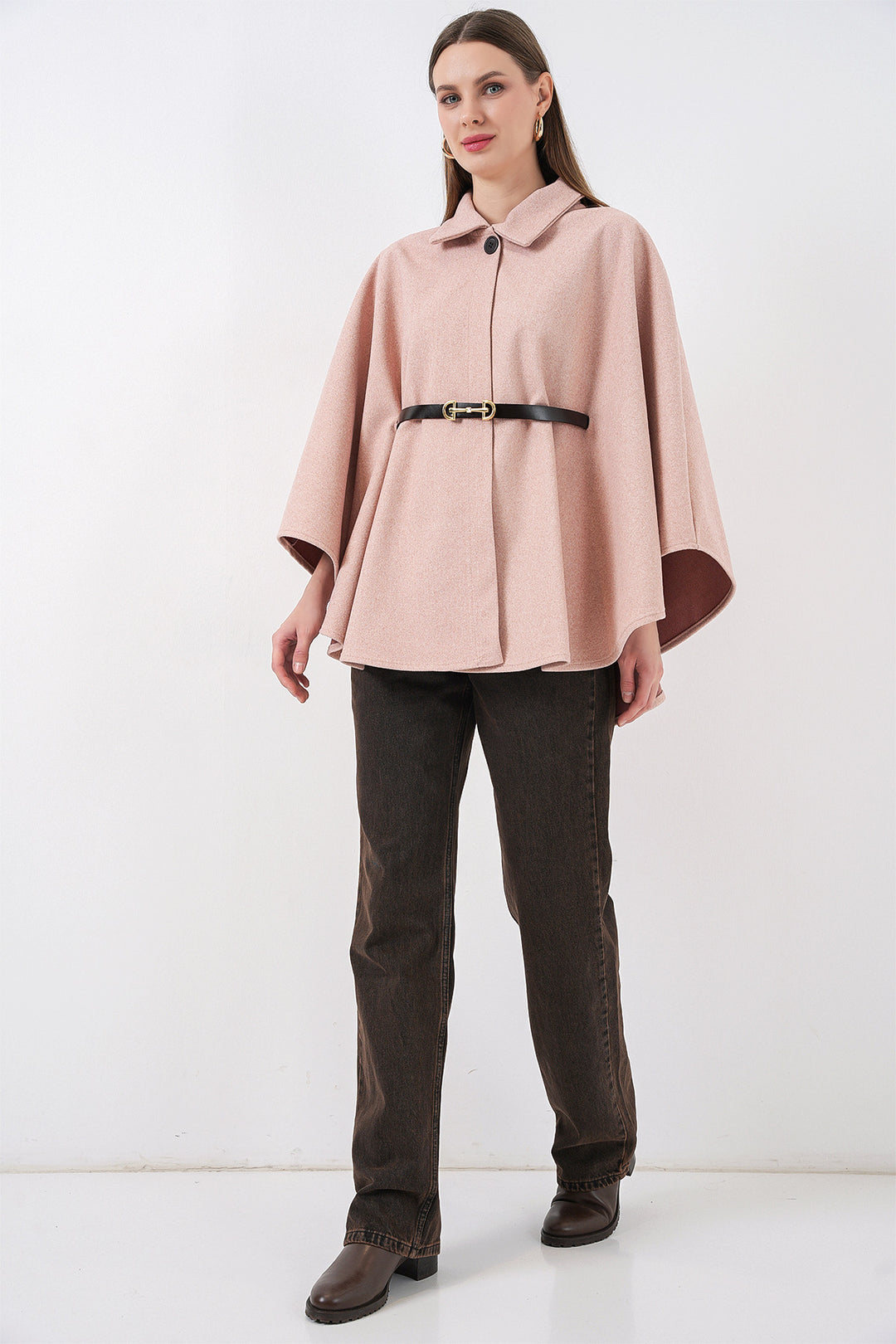 BGD Women Kadın Kemerli Kaşe Panço 9170 - Pudra - Manhattan