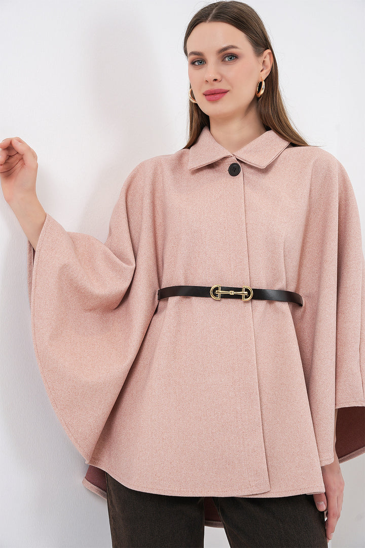 BGD Women Kadın Kemerli Kaşe Panço 9170 - Pudra - Manhattan