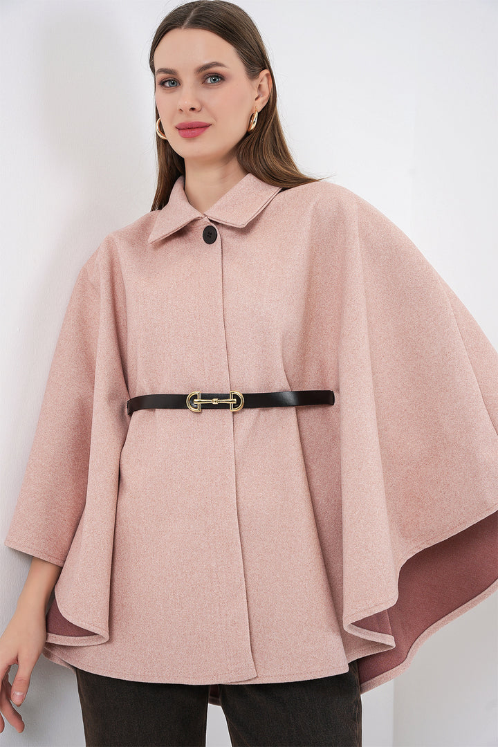 BGD Women Kadın Kemerli Kaşe Panço 9170 - Pudra - Manhattan