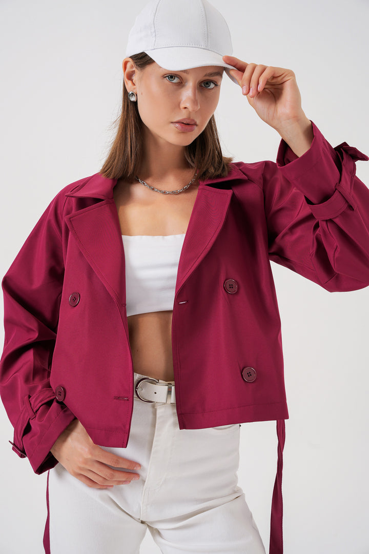 BGD Women Women's Belted Short Trench Coat 5970 - Burgundy - Hilliard