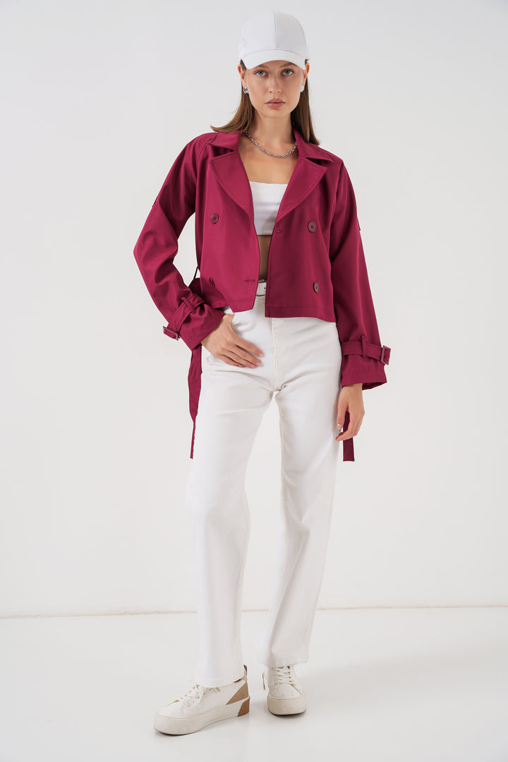 BGD Women Women's Belted Short Trench Coat 5970 - Burgundy - Hilliard