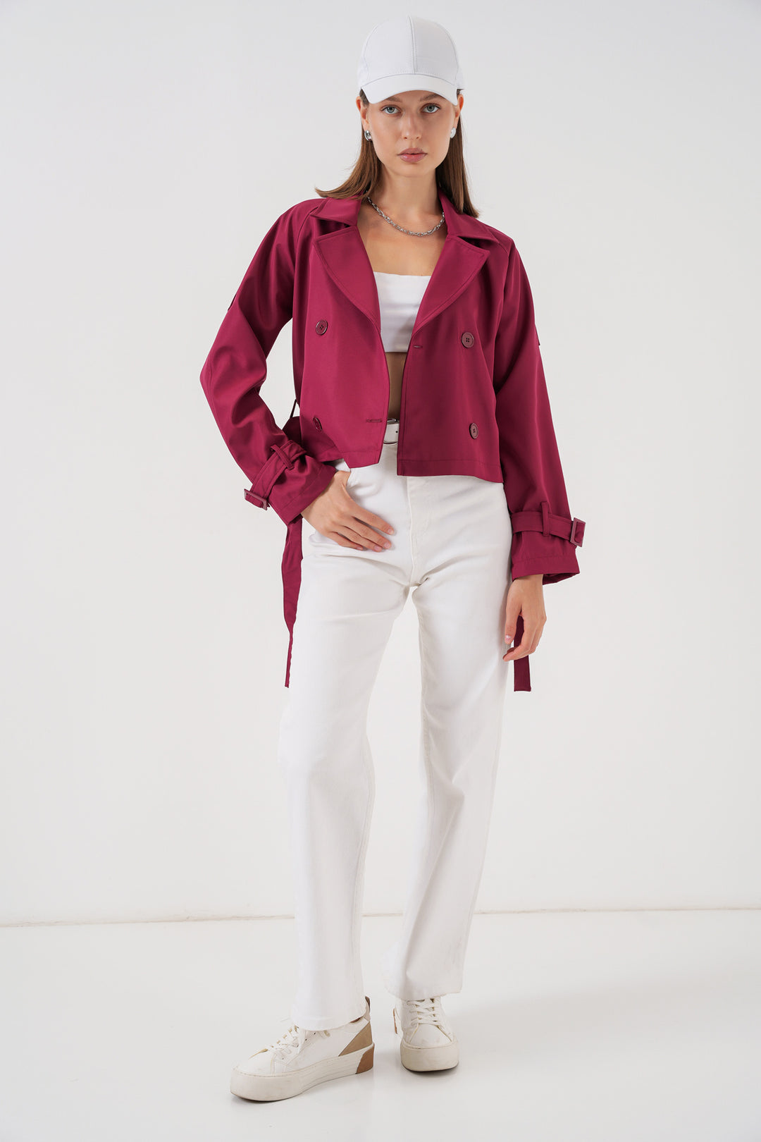 BGD Women Women's Belted Short Trench Coat 5970 - Burgundy - Newcastle