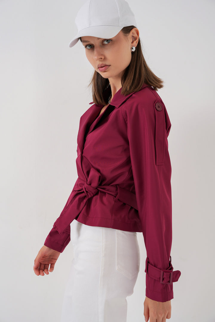 BGD Women Women's Belted Short Trench Coat 5970 - Burgundy - Newcastle