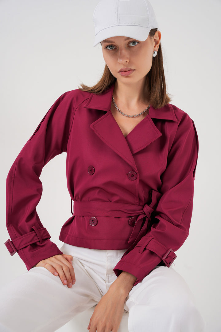 BGD Women Women's Belted Short Trench Coat 5970 - Burgundy - Hilliard