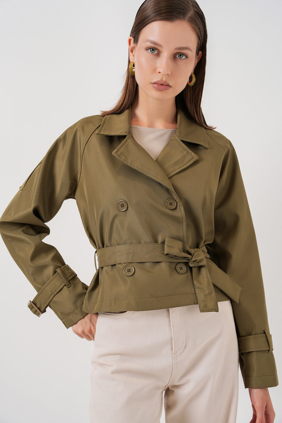 BGD Women Women's Belted Short Trench Coat 5970 - Khaki - Ramapo