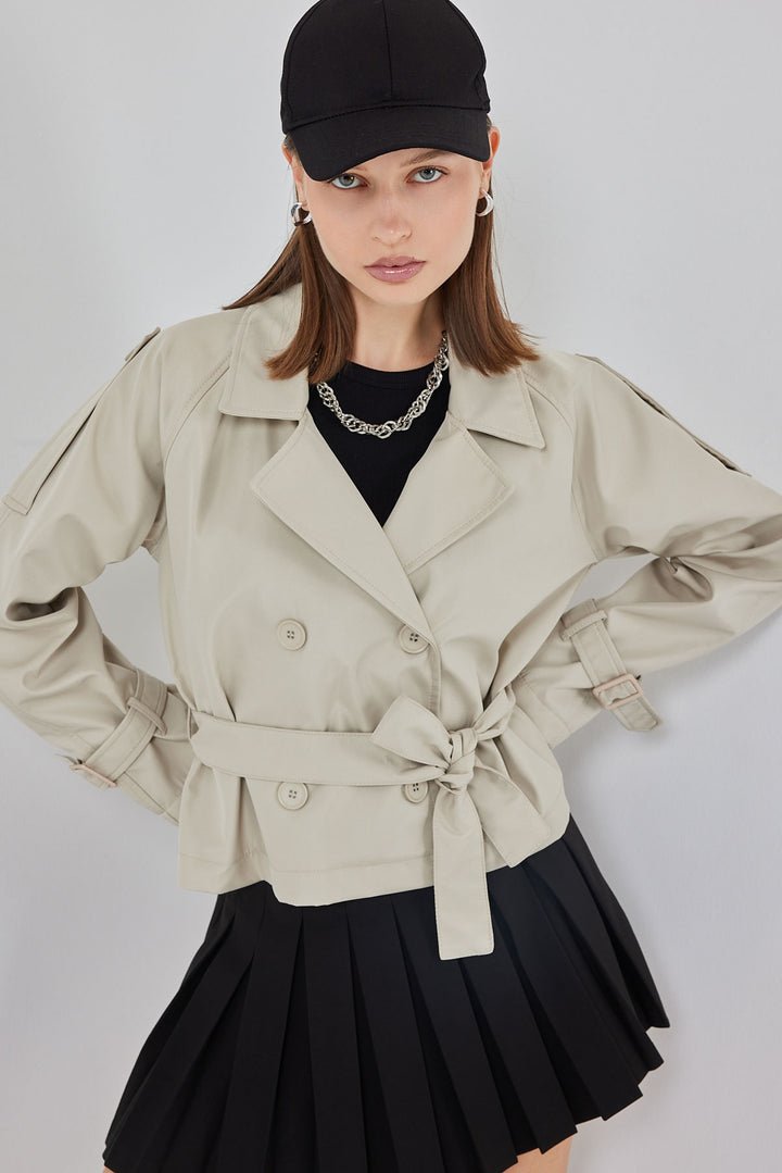 BGD Women Women's Belted Short Trench Coat 5970 - Stone - Köniz