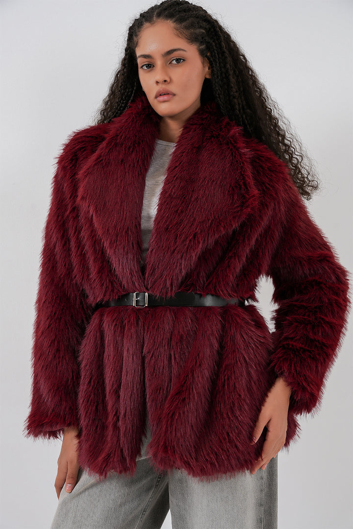 BGD Women Kadın Kemerli Oversize Kürklü Kaban 9156 - Bordo - Bay City