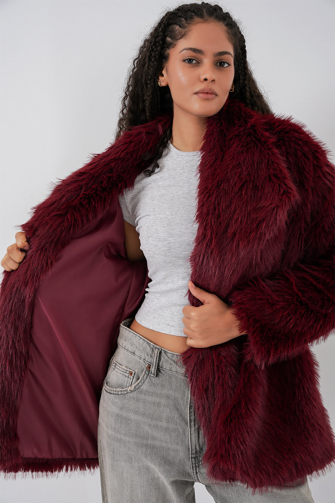 BGD Women Kadın Kemerli Oversize Kürklü Kaban 9156 - Bordo - Bay City