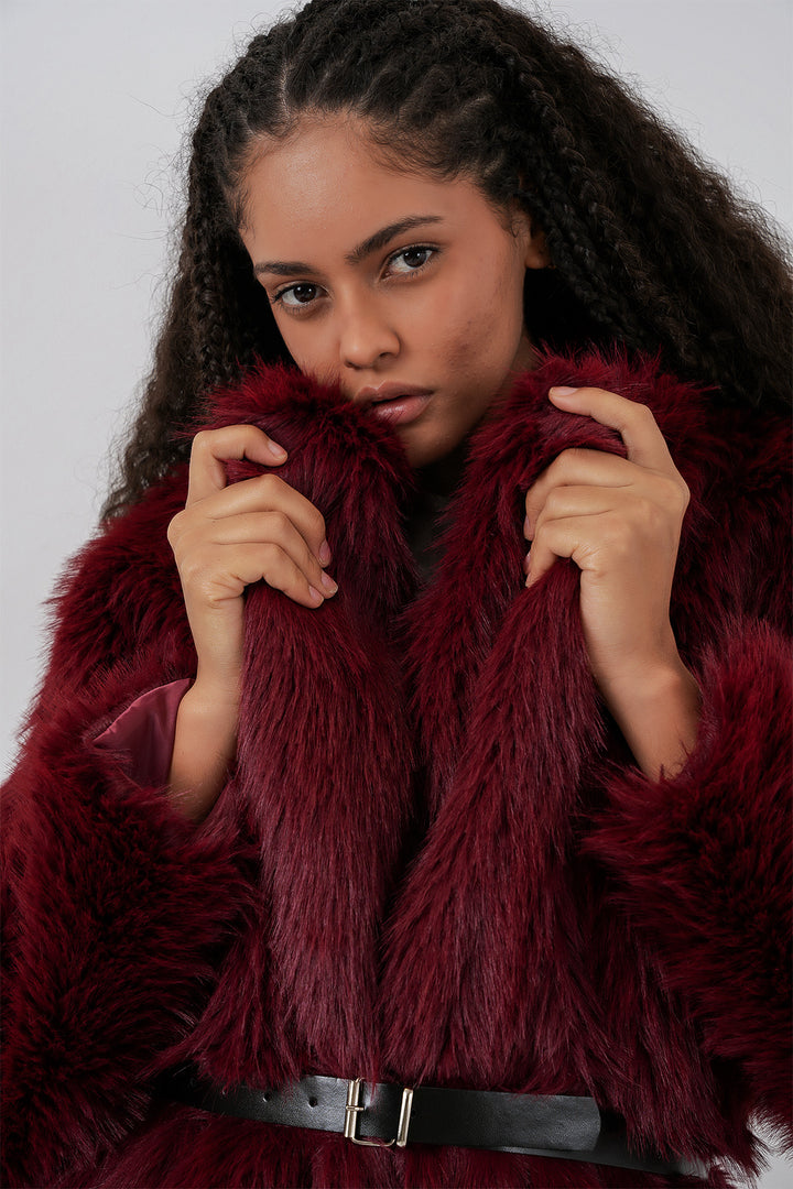 BGD Women Kadın Kemerli Oversize Kürklü Kaban 9156 - Bordo - Bay City