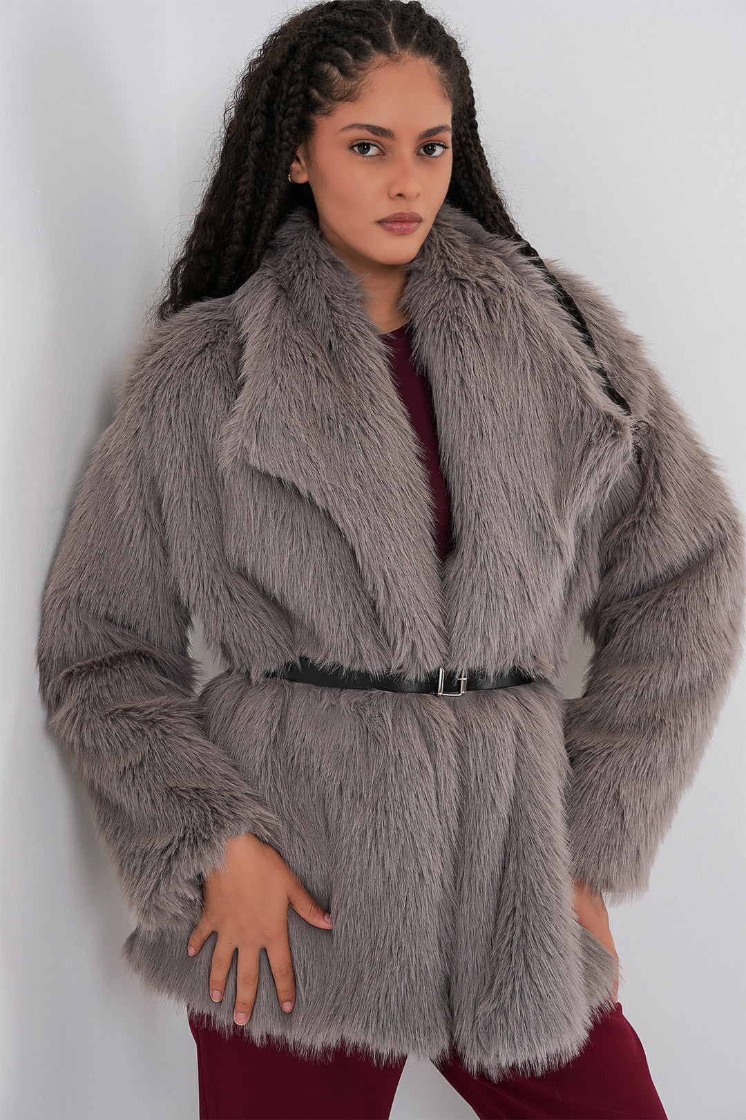 BGD Women Kadın Kemerli Oversize Kürklü Kaban 9156 - Füme - Mol