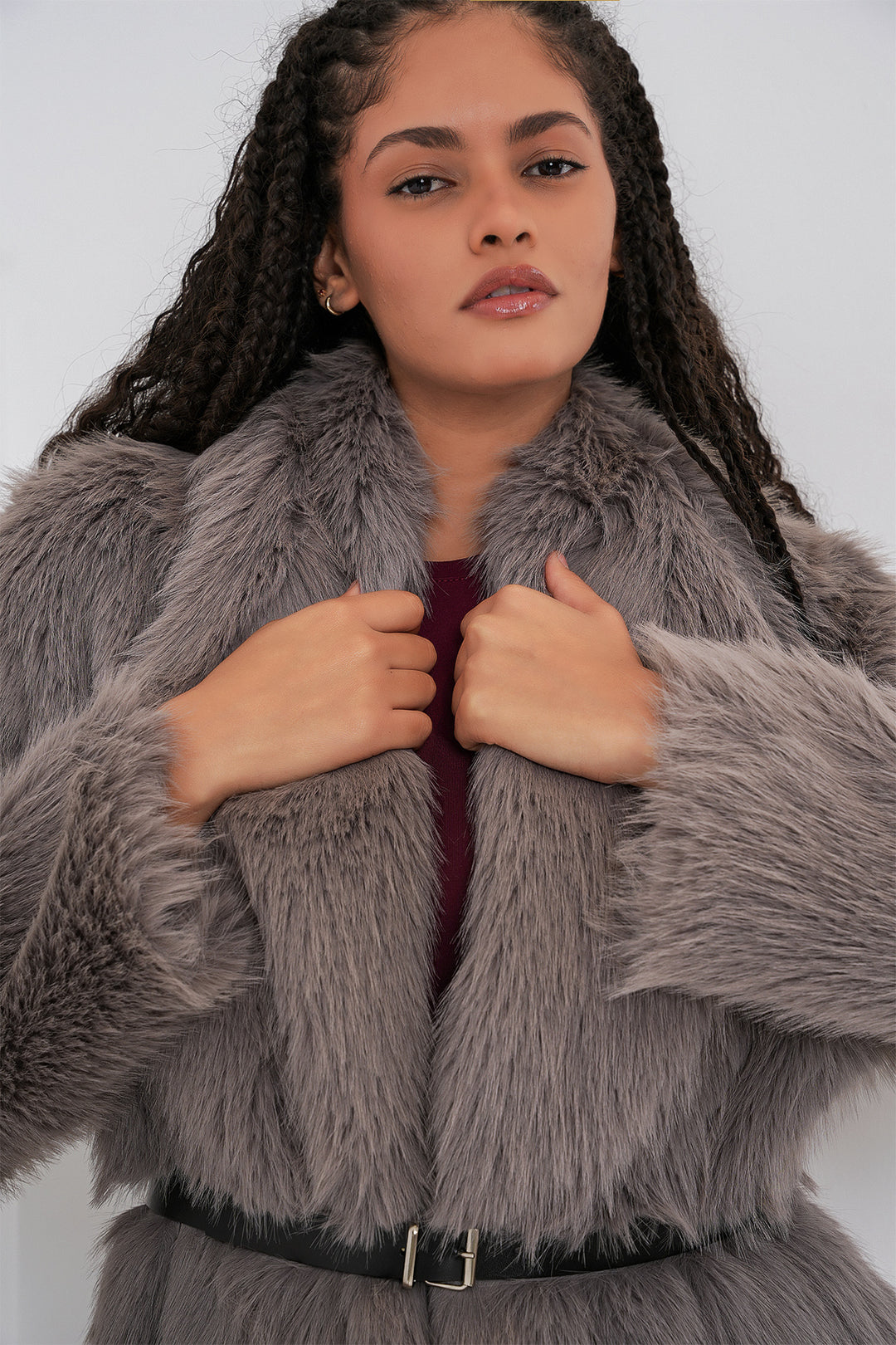 BGD Women Kadın Kemerli Oversize Kürklü Kaban 9156 - Füme - Mol