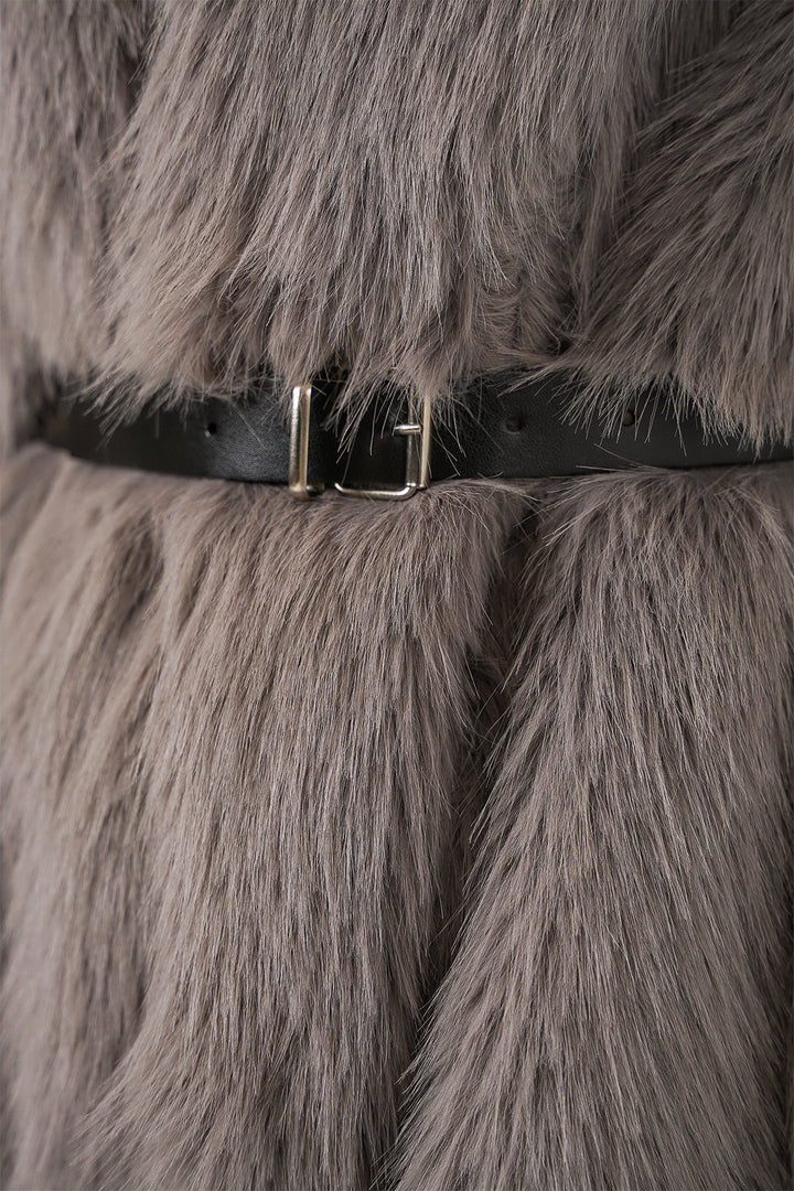 BGD Women Kadın Kemerli Oversize Kürklü Kaban 9156 - Füme - Mol