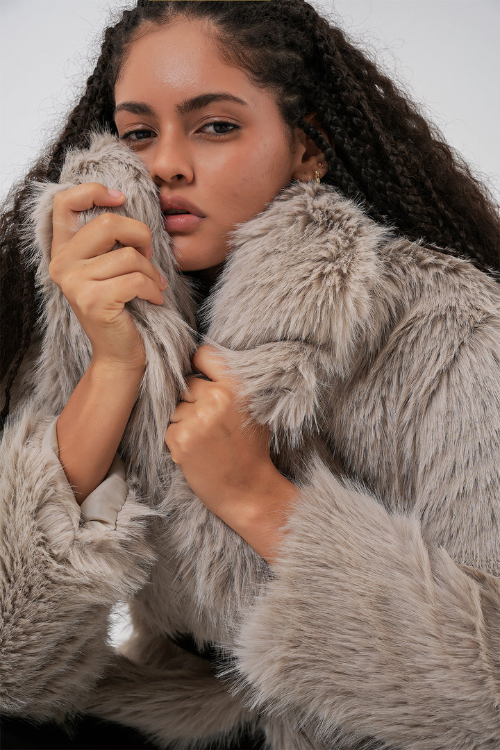 BGD Women Kadın Kemerli Oversize Kürklü Kaban 9156 - Taş - Lima