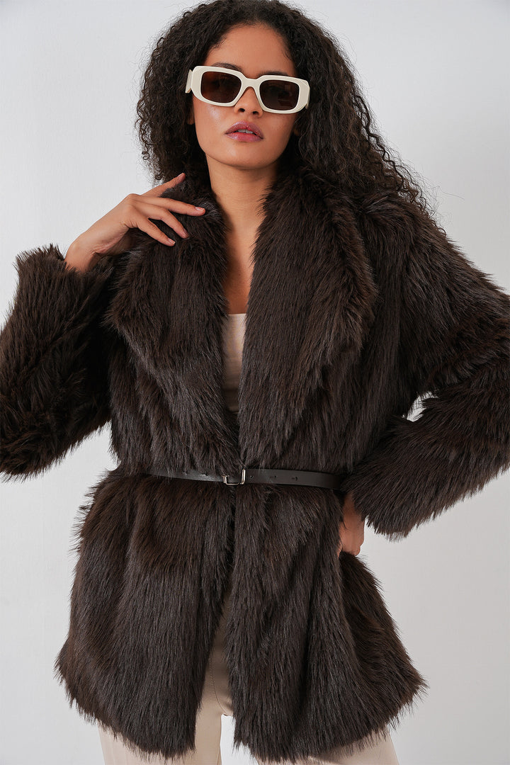 BGD Women Women's Belted Oversized Fur Coat 9156 - Brown - San Juan