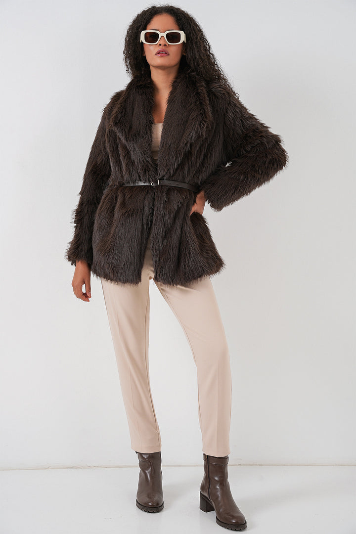 BGD Women Women's Belted Oversized Fur Coat 9156 - Brown - San Juan