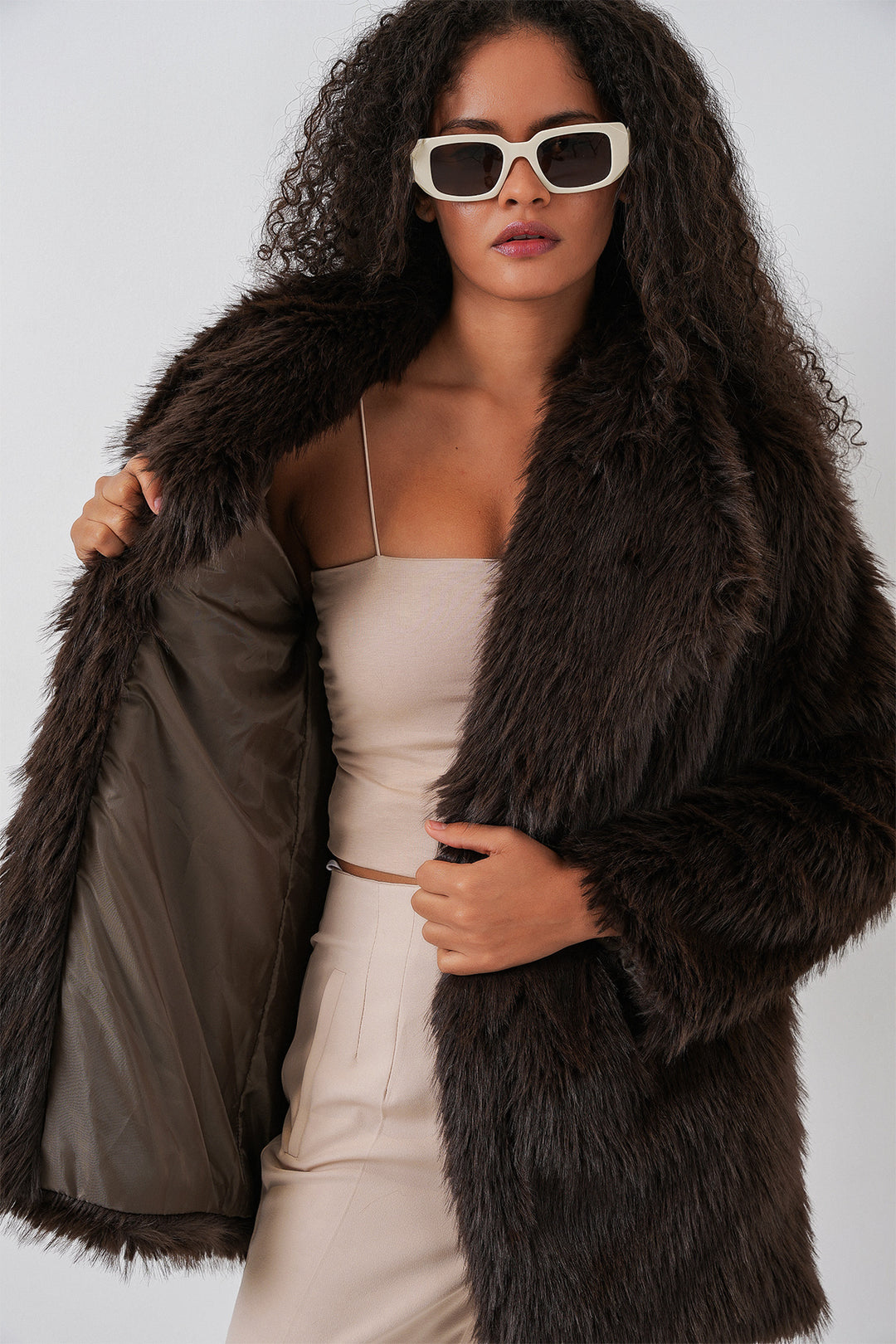 BGD Women Women's Belted Oversized Fur Coat 9156 - Brown - San Juan
