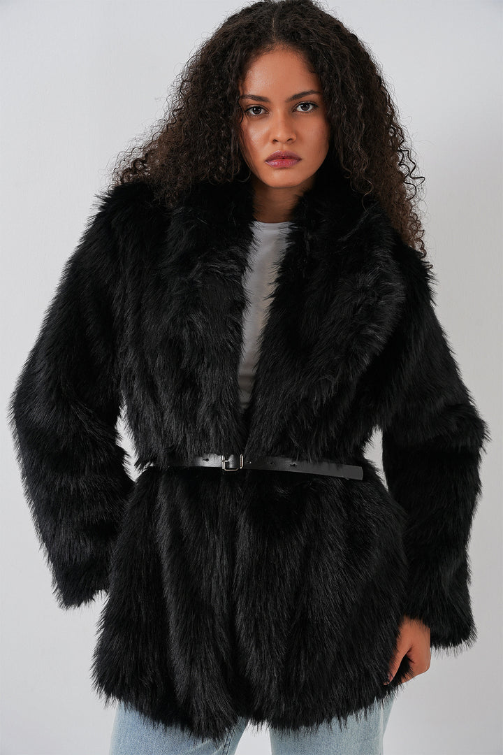 BGD Women Kadın Kemerli Oversize Kürklü Kaban 9156 - Siyah - Huatusco