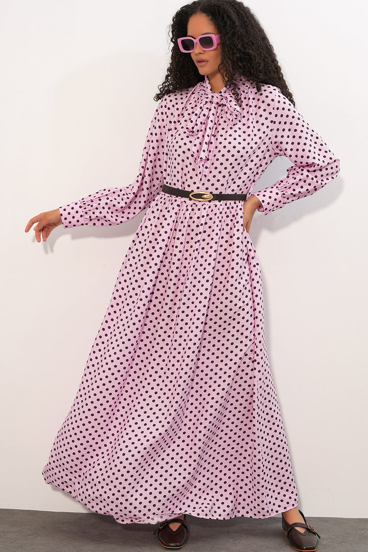BGD Women Kadın Kemerli Puantiyeli Tesettür Elbise 2613 - Pembe - Goose Creek