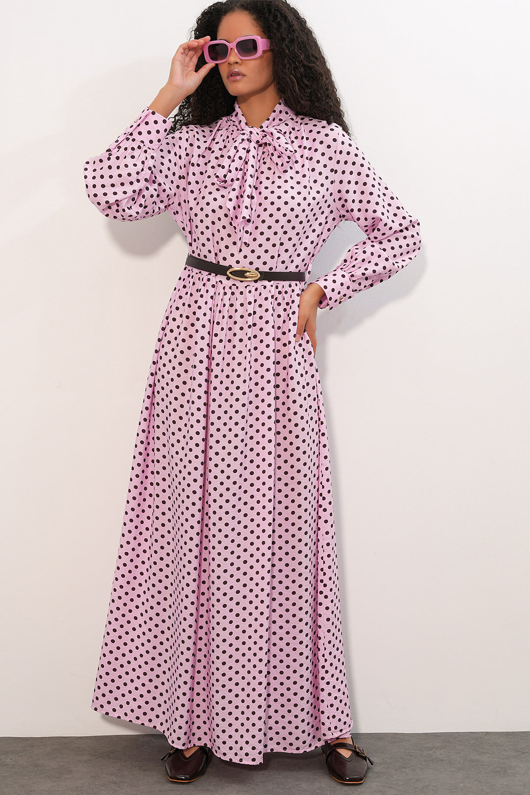 BGD Women Kadın Kemerli Puantiyeli Tesettür Elbise 2613 - Pembe - Goose Creek