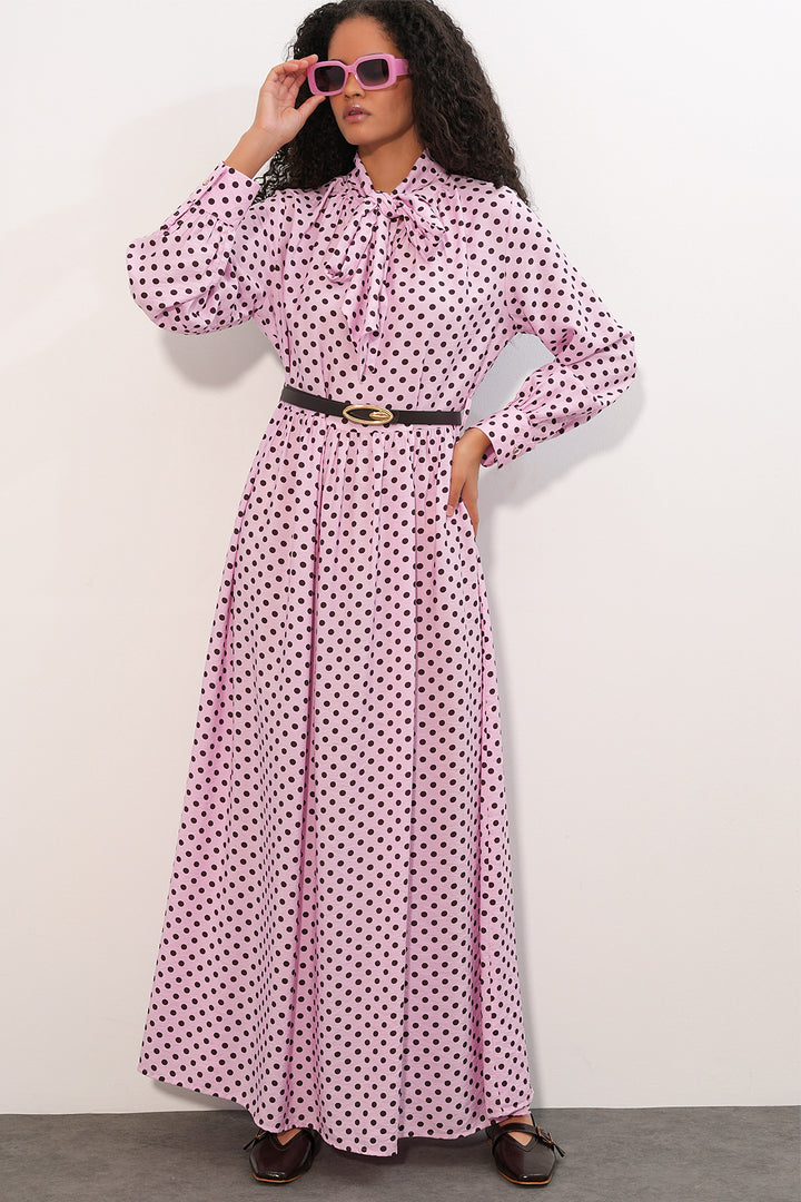 BGD Women Kadın Kemerli Puantiyeli Tesettür Elbise 2613 - Pembe - Goose Creek