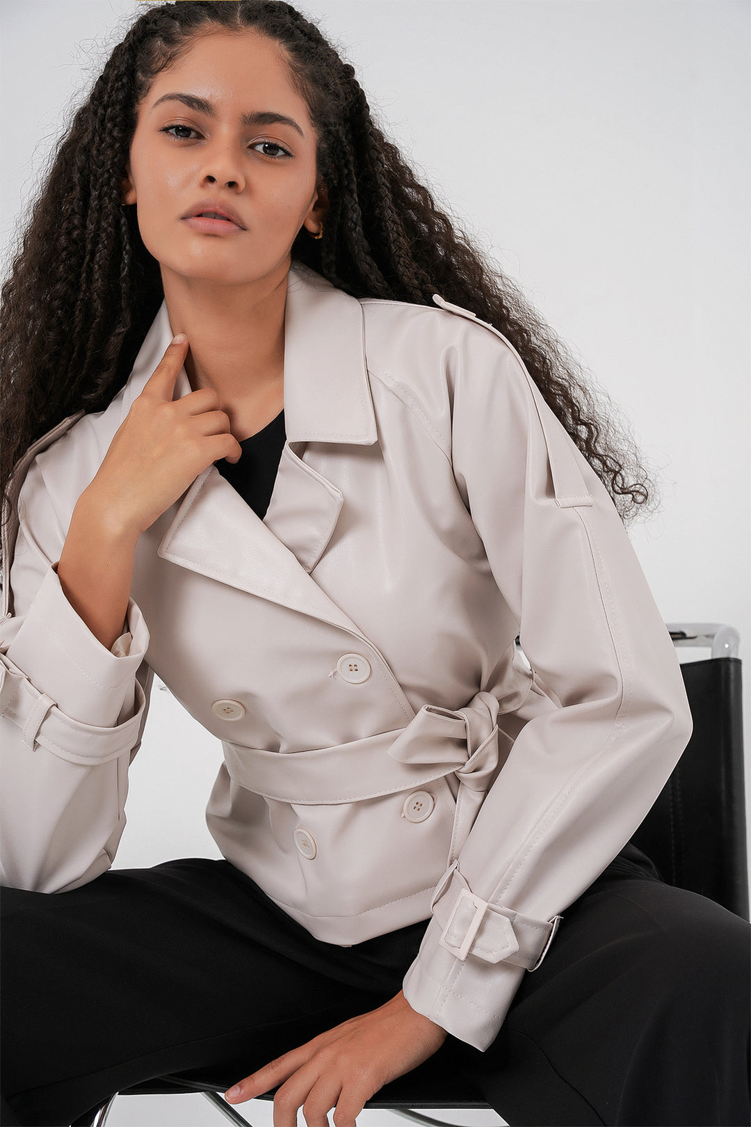 BGD Women Women's Belted Faux Leather Jacket 1046 - Ecru - Oakville